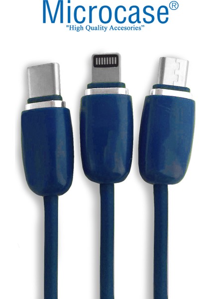 Sarmal Tasarım 3in1 Lightning Type C Micro USB Şarj ve Data Kablosu 110 cm - AL2989 Lacivert
