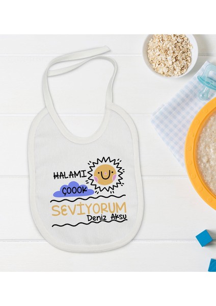 Kids Kişiye Özel Halamı Çok Seviyorum Tasarımlı Bebek Mama Önlüğü - Model 1
