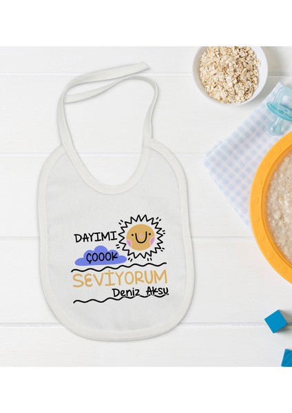 Kids Kişiye Özel Dayımı Çok Seviyorum Tasarımlı Bebek Mama Önlüğü - Model 1