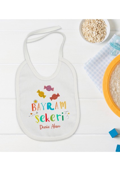 Kids Kişiye Özel Bayram Şekeri Tasarımlı Bebek Mama Önlüğü - Model 1