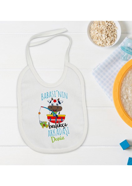 Kids Kişiye Özel Babasının Balıkçı Arkadaşı Tasarımlı Bebek Mama Önlüğü - Model 1