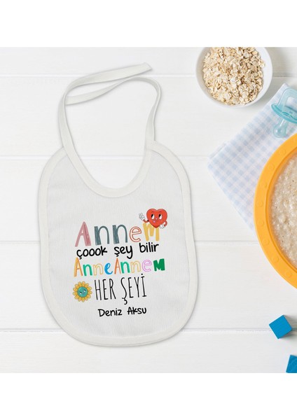 Kids Kişiye Özel Annem Çok Şeyi Bilir Tasarımlı Bebek Mama Önlüğü - Model 1