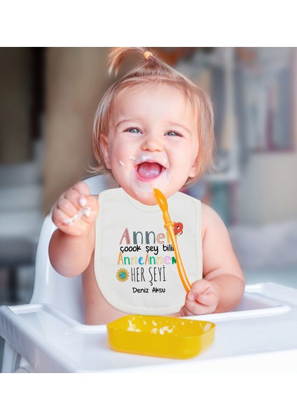 Kids Kişiye Özel Annem Çok Şeyi Bilir Tasarımlı Bebek Mama Önlüğü - Model 1 fiyatları