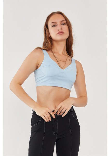 Açık Mavi %100 Pamuk Basic Crop Top