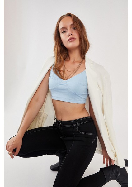 Açık Mavi %100 Pamuk Basic Crop Top