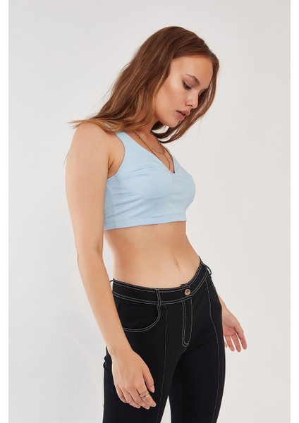 Açık Mavi %100 Pamuk Basic Crop Top