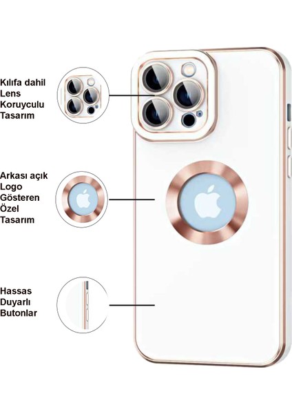 Apple iPhone 13 Pro Max Kapak Mercek Korumalı Logo Gösteren Tasarım Silikon Kılıf - Beyaz