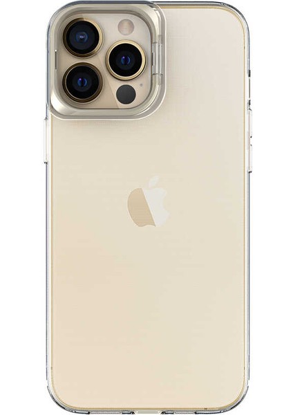 Apple iPhone 13 Pro Max Kapak Lens Standlı Sararmaz Şeffaf Silikon Kılıf - Gold