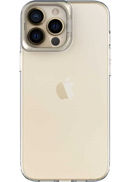 Caseart Apple iPhone 13 Pro Max Kapak Lens Standlı Sararmaz Şeffaf Silikon Kılıf - Gold