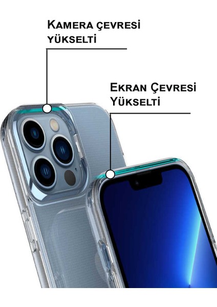 Apple iPhone 13 Pro Max Kapak Lens Standlı Sararmaz Şeffaf Silikon Kılıf - Gold