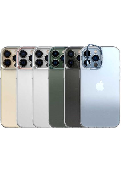 Apple iPhone 13 Pro Max Kapak Lens Standlı Sararmaz Şeffaf Silikon Kılıf - Gold