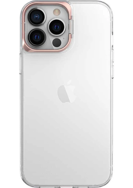 Caseart Apple iPhone 13 Pro Max Kapak Lens Standlı Sararmaz Şeffaf Silikon Kılıf - Rose Gold