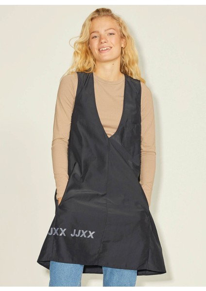 Jxmaia V-Neck Hype Dress Ln V Yaka Düz Siyah Kadın Midi Elbise