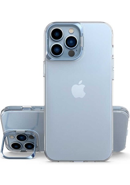 Kzy Apple iPhone 13 Pro Kapak Lens Standlı Sararmaz Şeffaf Silikon Kılıf - Mavi