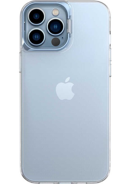 Caseworld Apple iPhone 13 Pro Max Kapak Lens Standlı Sararmaz Şeffaf Silikon Kılıf - Mavi