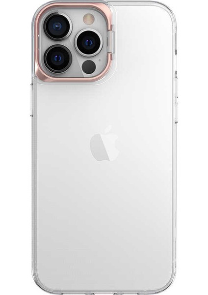 Caseworld Apple iPhone 13 Pro Max Kapak Lens Standlı Sararmaz Şeffaf Silikon Kılıf - Rose Gold