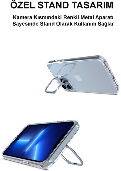 Caseworld Apple iPhone 13 Pro Max Kapak Lens Standlı Sararmaz Şeffaf Silikon Kılıf - Rose Gold