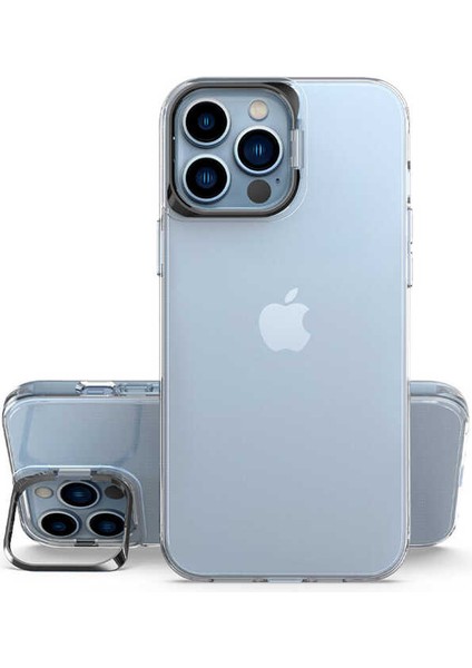 Caseworld Apple iPhone 13 Pro Kapak Lens Standlı Sararmaz Şeffaf Silikon Kılıf - Siyah