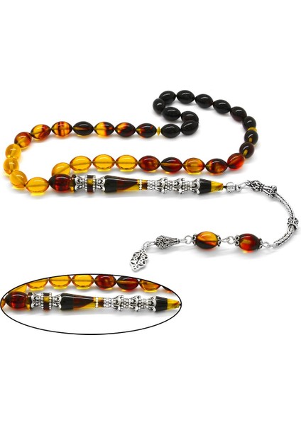 925 Ayar Gümüş Püsküllü Gümüş Minare Nakkaş Imameli Süzme Bala-Siyah Ateş Kehribar Tesbih