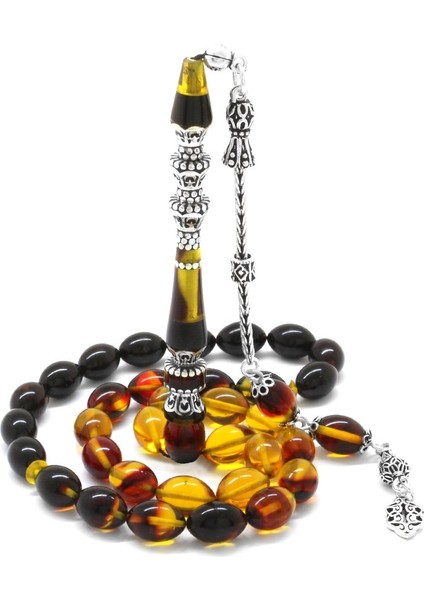 925 Ayar Gümüş Püsküllü Gümüş Minare Nakkaş Imameli Süzme Bala-Siyah Ateş Kehribar Tesbih fiyatları