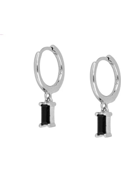 925 Ayar Siyah Lüks Baget Kristal Taşlı Halka Küpe -Çap 1 cm
