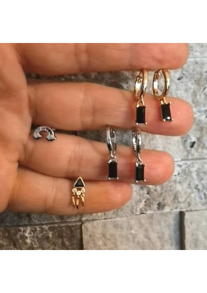 925 Ayar Siyah Lüks Baget Kristal Taşlı Halka Küpe -Çap 1 cm