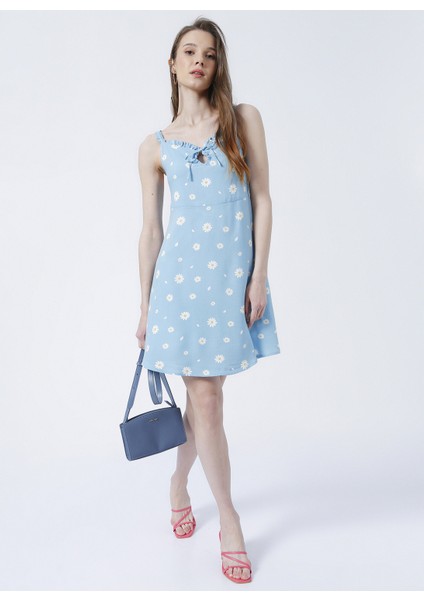 Düz Yaka Desenli Mavi Kadın Diz Üstü Elbise - K-Fırpo