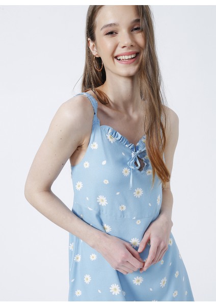 Düz Yaka Desenli Mavi Kadın Diz Üstü Elbise - K-Fırpo fiyatları