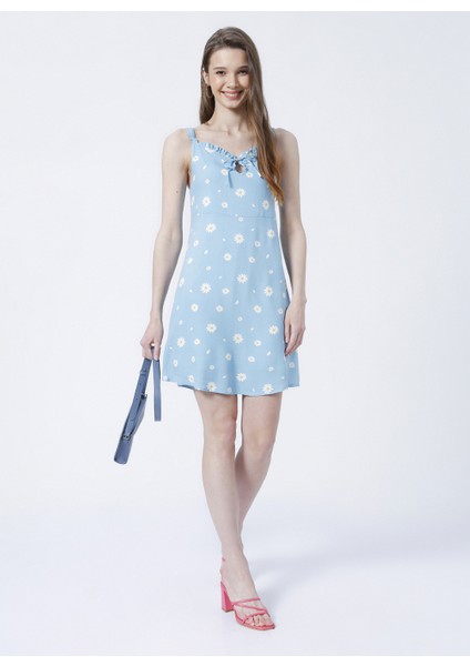 Düz Yaka Desenli Mavi Kadın Diz Üstü Elbise - K-Fırpo modelleri