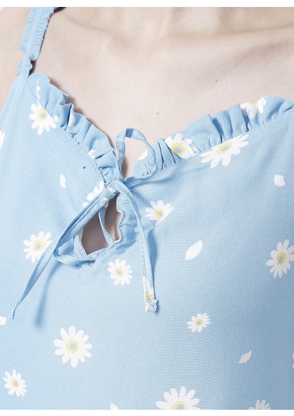 Düz Yaka Desenli Mavi Kadın Diz Üstü Elbise - K-Fırpo indirimleri