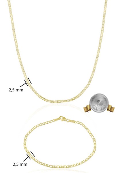 925 Ayar Gümüş Gold Kaplama Barlı Zincir Kolye Bileklik Set VES8506G45