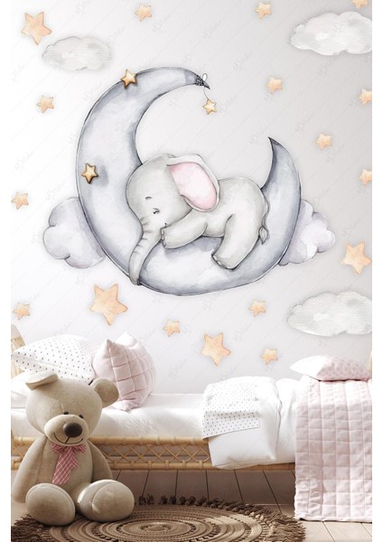 Ayda Uyuyan Fil Bulut ve Yıldızlar Sticker Seti, Çocuk Bebek Odası Duvar Cam Sticker fiyatları