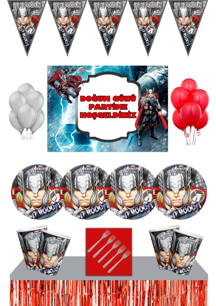 Thor Marvel 8 Kişilik Afişli Doğum Günü Parti Süsleri Malzemeleri Masa Etekli