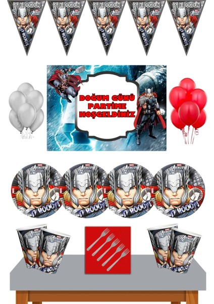 Thor Marvel 24 Kişilik 50X70 cm Afişli Doğum Günü Parti Süsleri Malzemeleri Ekonomik Seti