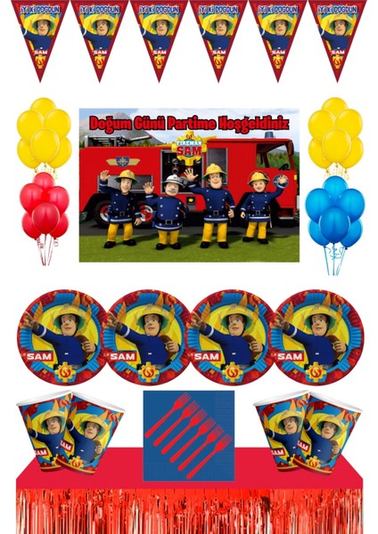 Itfaiyeci Sam 24 Kişilik Afişli Doğum Günü Konsepti Parti Malzemeleri Masa Etekli