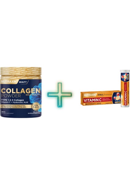 Collagen Powder 300 gr Tip 1,2,3 + Nutraxin Efervesan Vitamin C-D-Zınc 15 Tablet Hediyeli