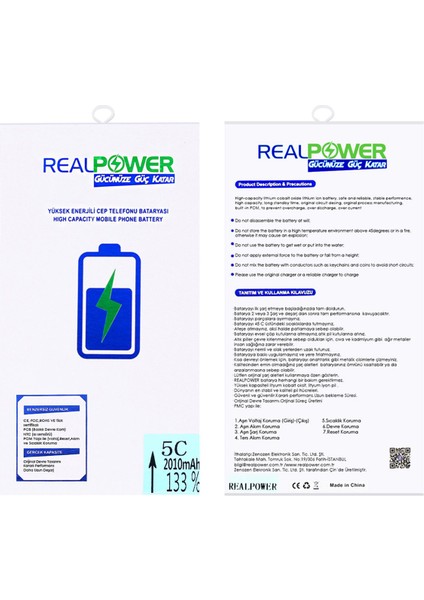 Apple iPhone 5c Uyumlu Realpower Güçlendirilmiş 2000 Mah Batarya