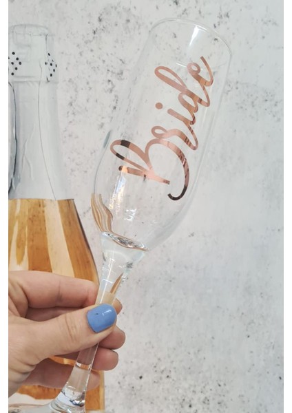 Rose Gold Varak Bride Yazılı Gelin Şampanya Kadehi