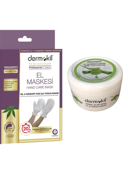El Bakım Maskesi+Dermokil Nemlendirici El Yüz Bakım Kremi Aloe Vera Özlü 220 ml