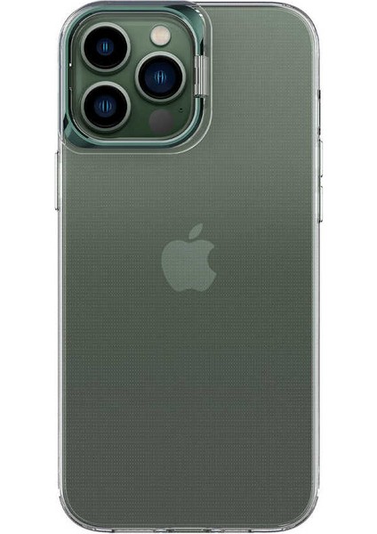 Apple iPhone 13 Pro Max Kapak Lens Standlı Sararmaz Şeffaf Silikon Kılıf - Koyu Yeşil