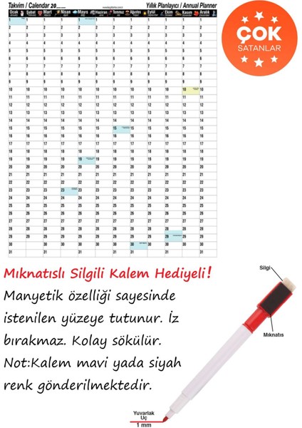 Manyetik Yapışkanlı Her Yıl Kullanılabilen Yıllık Program Planlayıcı