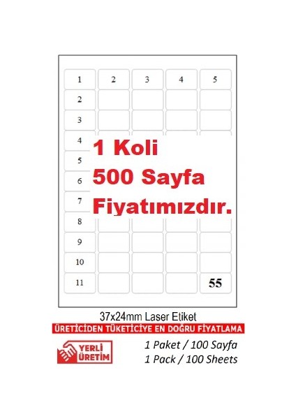 A1-2165 500 A4 Sayfa Lazer Etiket 38.1 x 21.1 mm   A4 Sayfada  65 Etiket