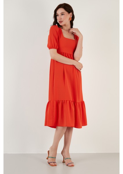 Rahat Kalıp Kare Yaka Volanlı Uzun Elbise Bayan Elbise 42190350 fiyatları