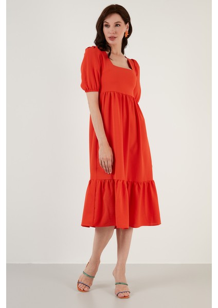 Rahat Kalıp Kare Yaka Volanlı Uzun Elbise Bayan Elbise 42190350 indirimleri