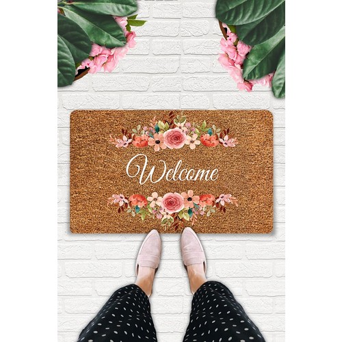 Uygur Home Çiçekli Welcome Temalı Coco Görünümlü Dekoratif Kapı Önü ve Iç Mekan Paspası
