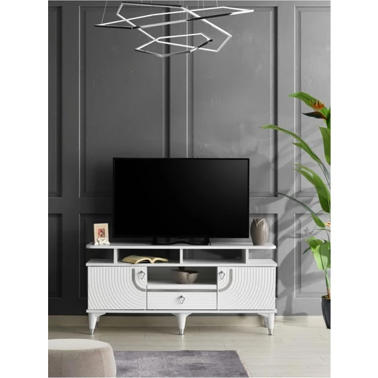 Mapa Home & Living Art Raflı Mdf Mebran Kapak Tv Sehpası Beyaz - Gümüş 110 cm