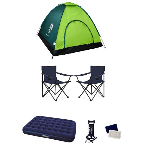Kamp Seti 4 Kişilik Çadır+Çift Kişilik Yatak+ 2 Sandalye+Pompa+Yastık