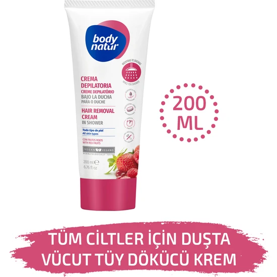 Body Natur Duşta Vücut Tüy Dökücü Krem Tüm Cilt Tipleri Için Kırmızı Meyveli - Hair Removal Cream Shower 200ML