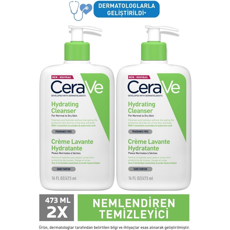 CeraVe 473 ml x 2 Nemlendiren Temizleyici Kuru Ciltler İçin