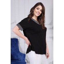 Gül Moda Kadın Siyah Büyük Beden Kısa Kollu Simli Bluz G058-1 2257G058